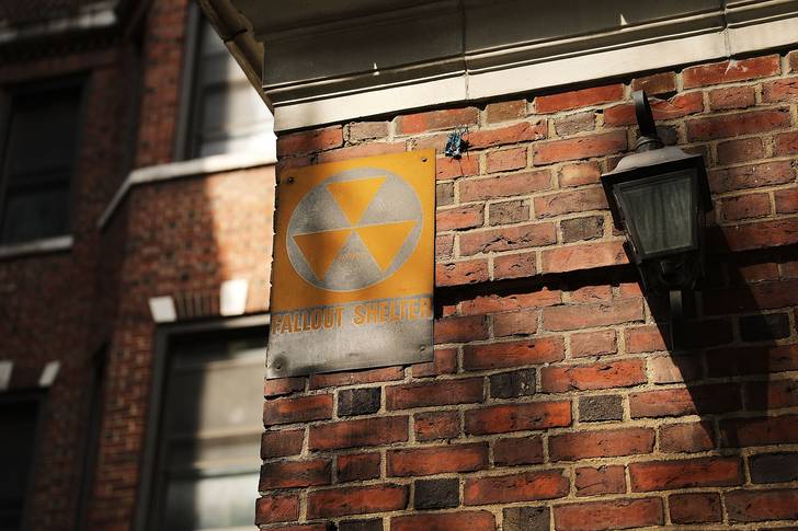 A leftover fallout shelter sign, one of an unknown number, displayed on a building on August 11, 2017 in New York City.